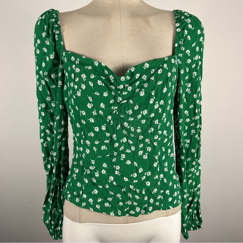 H&M Green Ditsy Floral Peasant Blouse Sweetheart Neck Milkmaid Top M ❤️
